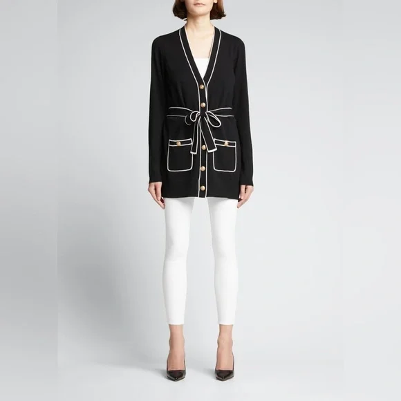 L'AGENCE. Black & White Ronny Piped Wool and Cotton Cardigan. Size Medium. - Picture 2 of 10